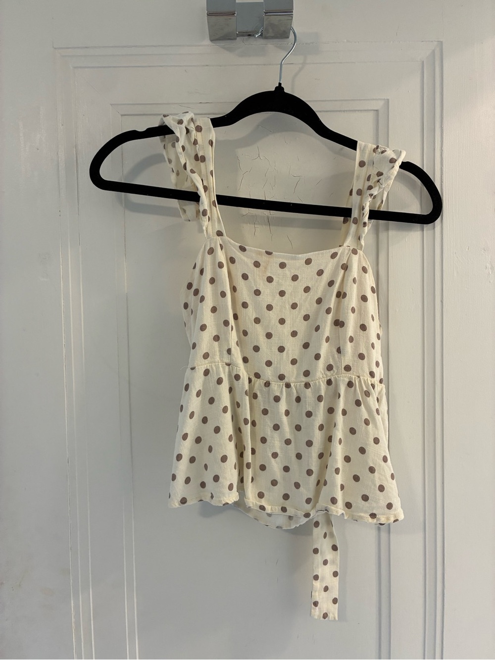 Women’s Cream Polka Dot Tie-Strap Peplum Top